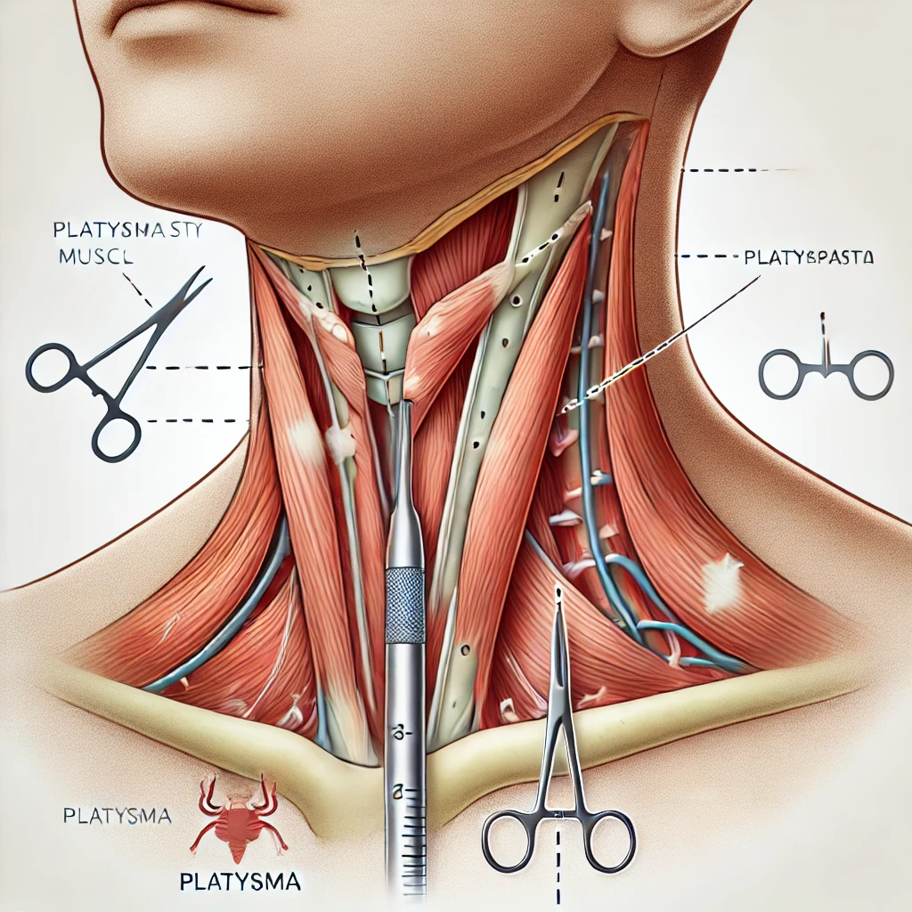DALL·E 2024 07 10 17.10.47 A medical illustration of a platismoplasty procedure. The image should show a close up of the neck area detailing the surgical process where the p