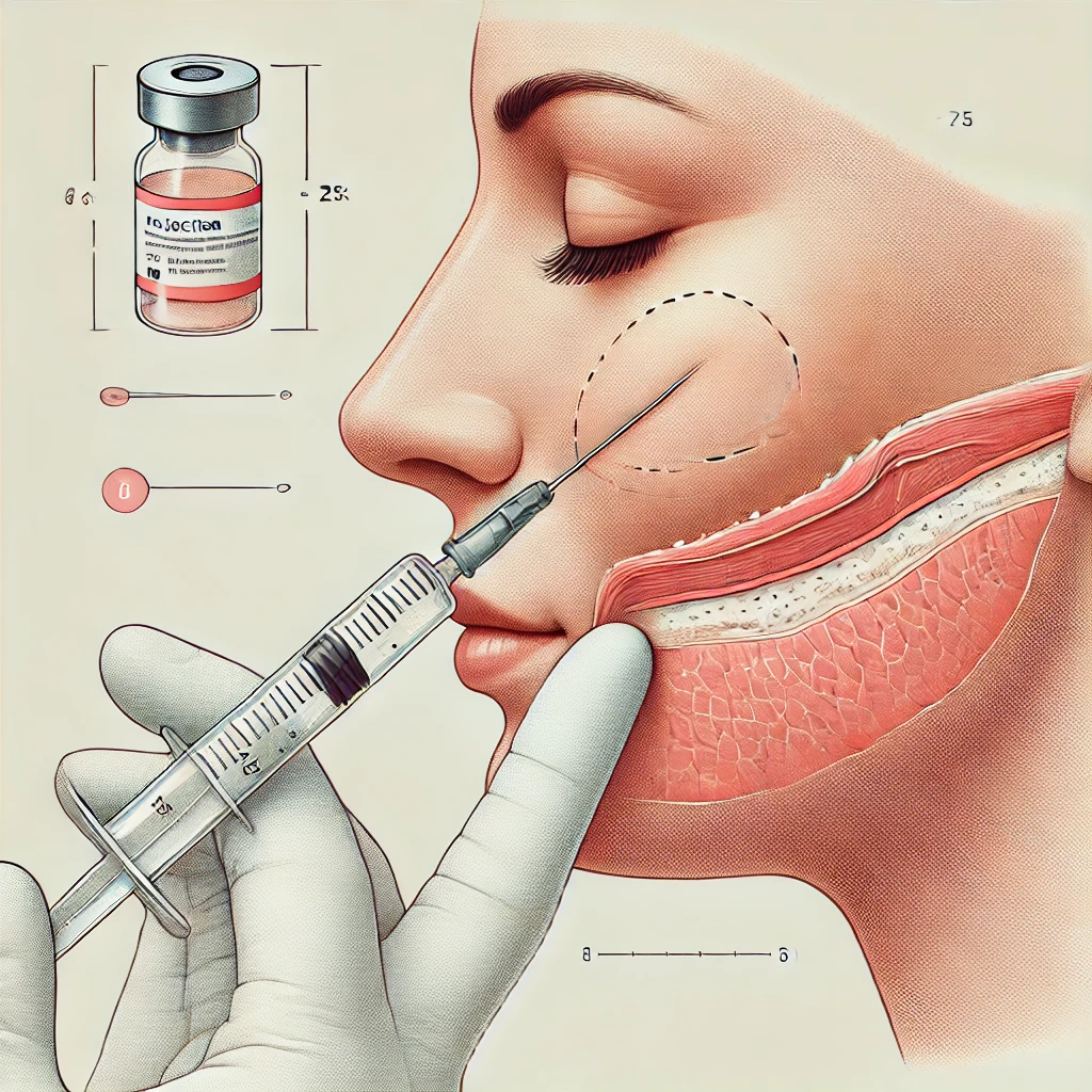 DALL·E 2024 07 10 17.12.32 A medical illustration of a PMMA (polymethyl methacrylate) injection procedure. The image should show a close up of the injection site typically o