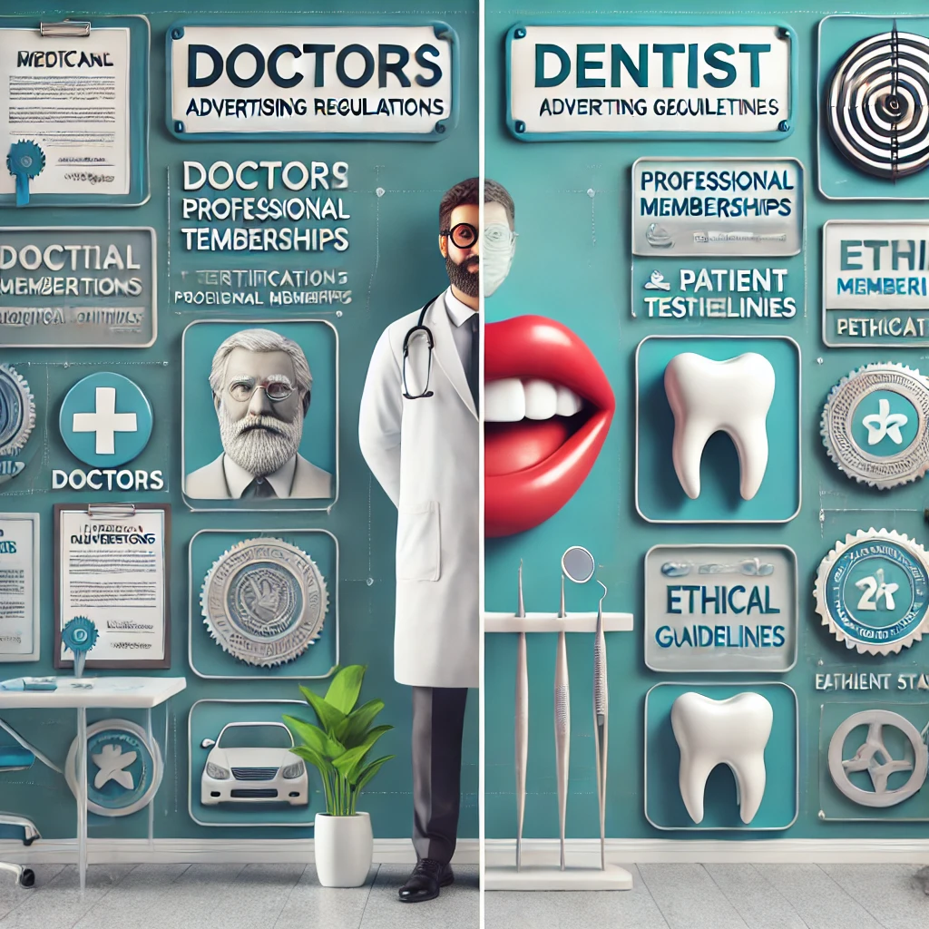 DALL·E 2024 07 15 16.38.14 An image split into two sections to illustrate the differences in advertising regulations for doctors and dentists. On the left side show a doctor