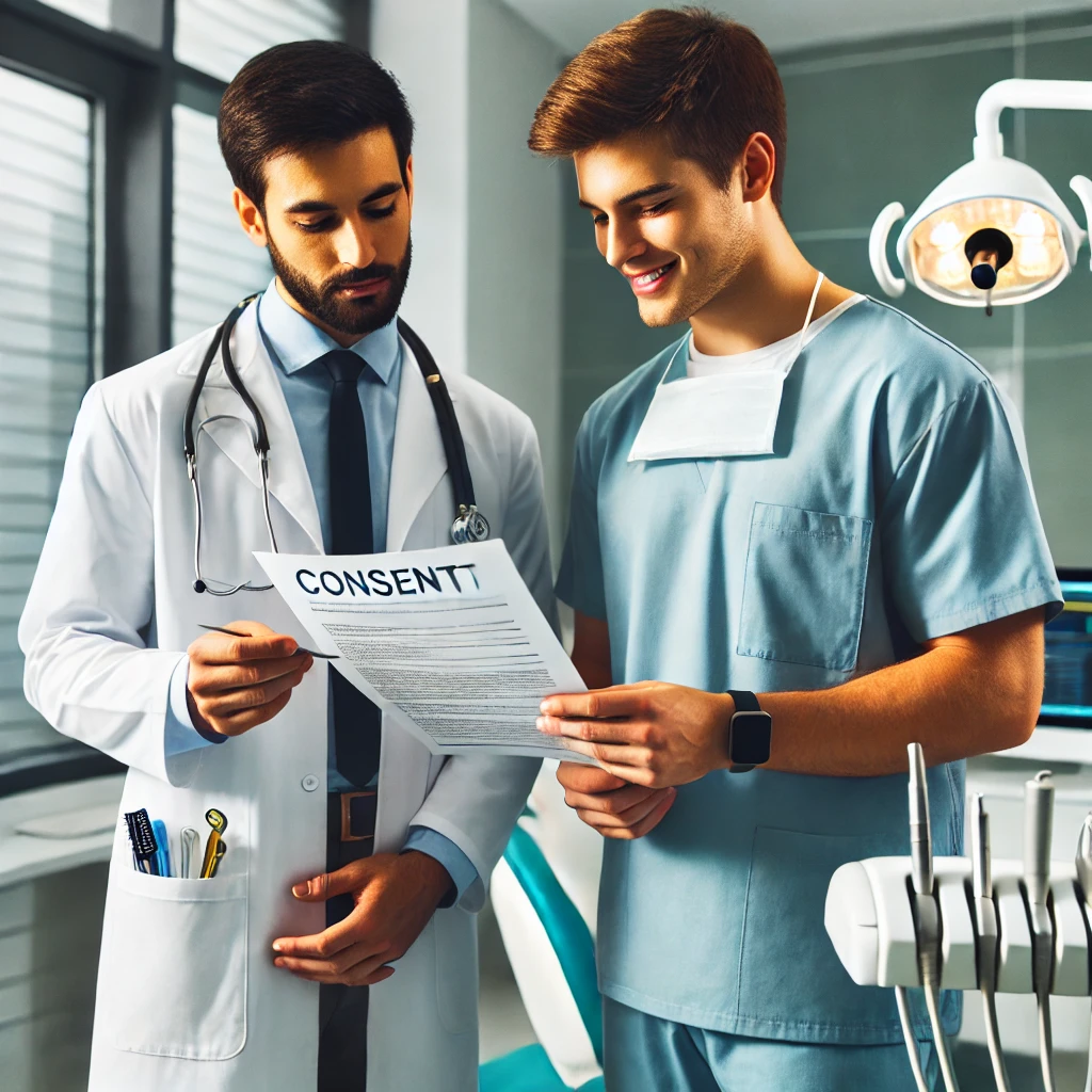 DALL·E 2024 07 19 16.10.44 A doctor and a dentist both in professional attire standing together in a medical office. They are holding a consent form discussing it with a p