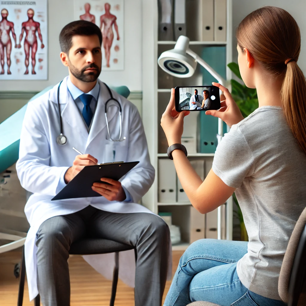 DALL·E 2024 07 29 11.48.18 A scene of a patient recording a doctor during a medical consultation. The doctor wearing a white coat and holding a clipboard sits across from t
