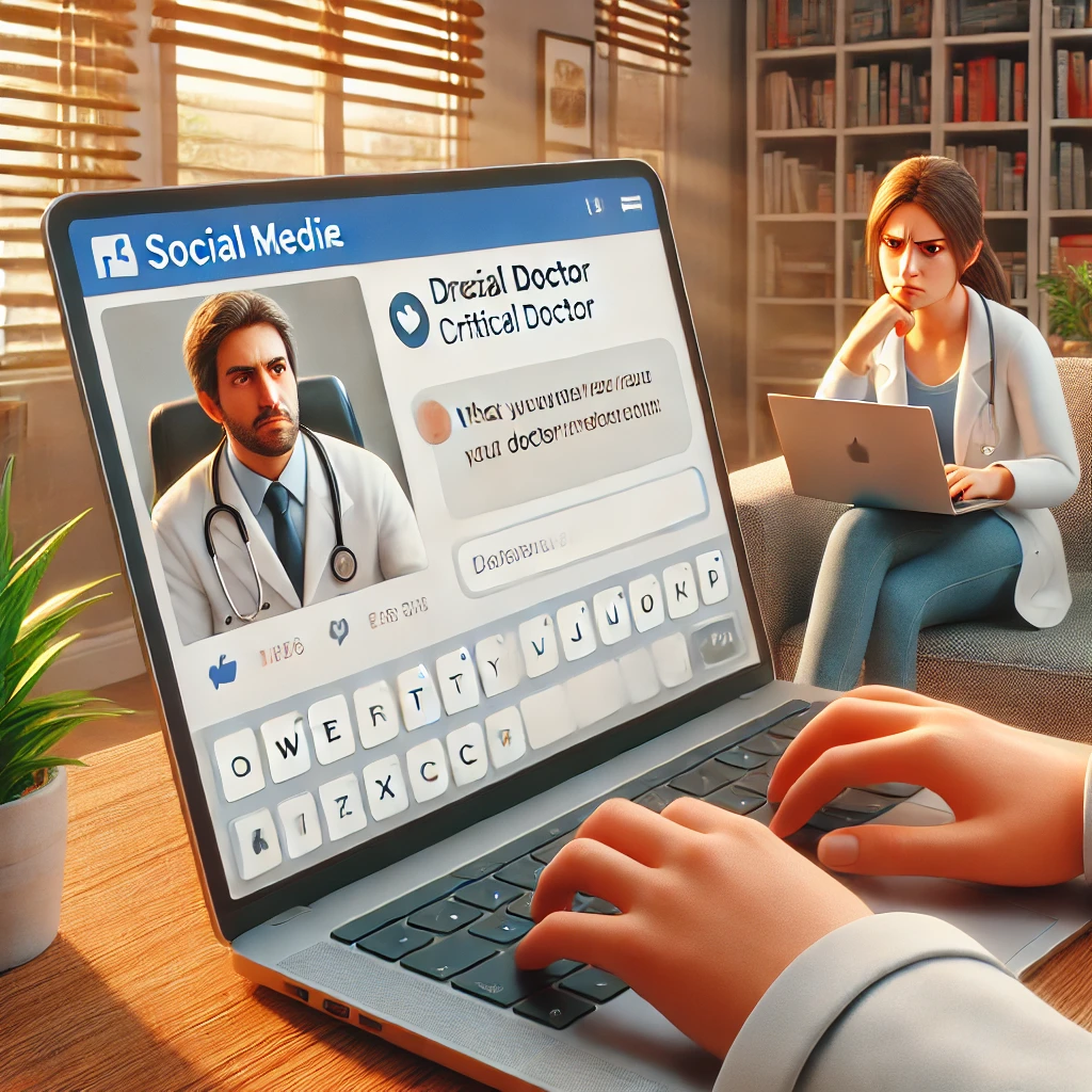 DALL·E 2024 08 22 11.54.02 A scene showing a patient typing a critical comment on a social media platform about a doctor. The setting is a modern living room with a laptop op