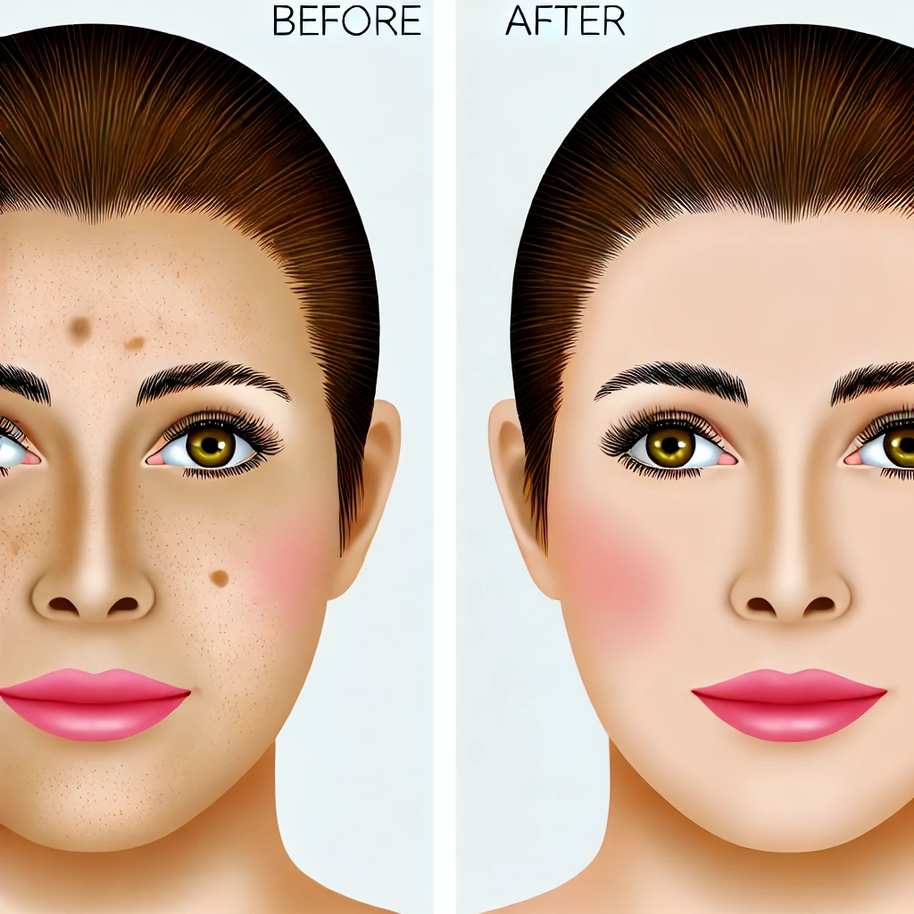 DALL·E 2024 08 29 18.37.44 An illustrative image showing a before and after transformation of a patient's face. On the left side depict a face with visible skin issues like