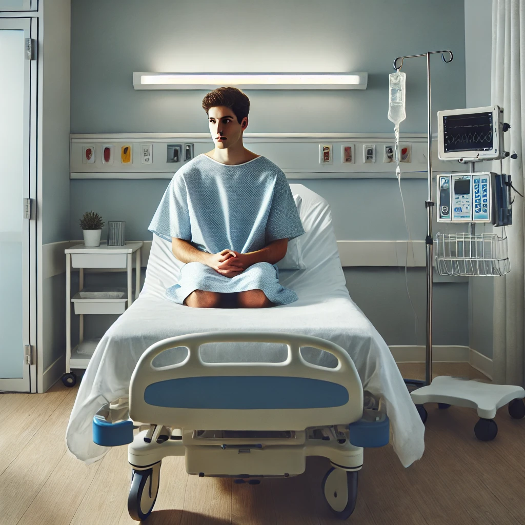 DALL·E 2024 09 09 16.25.01 A patient in a hospital room waiting to undergo a medical procedure. The scene shows the patient sitting on a hospital bed dressed in a light blue