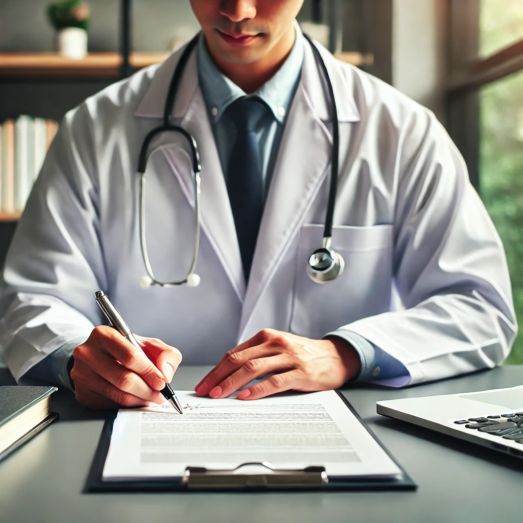 DALL·E 2024 09 09 17.04.22 A doctor in a professional office signing a contract. The doctor is dressed in a white lab coat with a stethoscope around their neck sitting at a