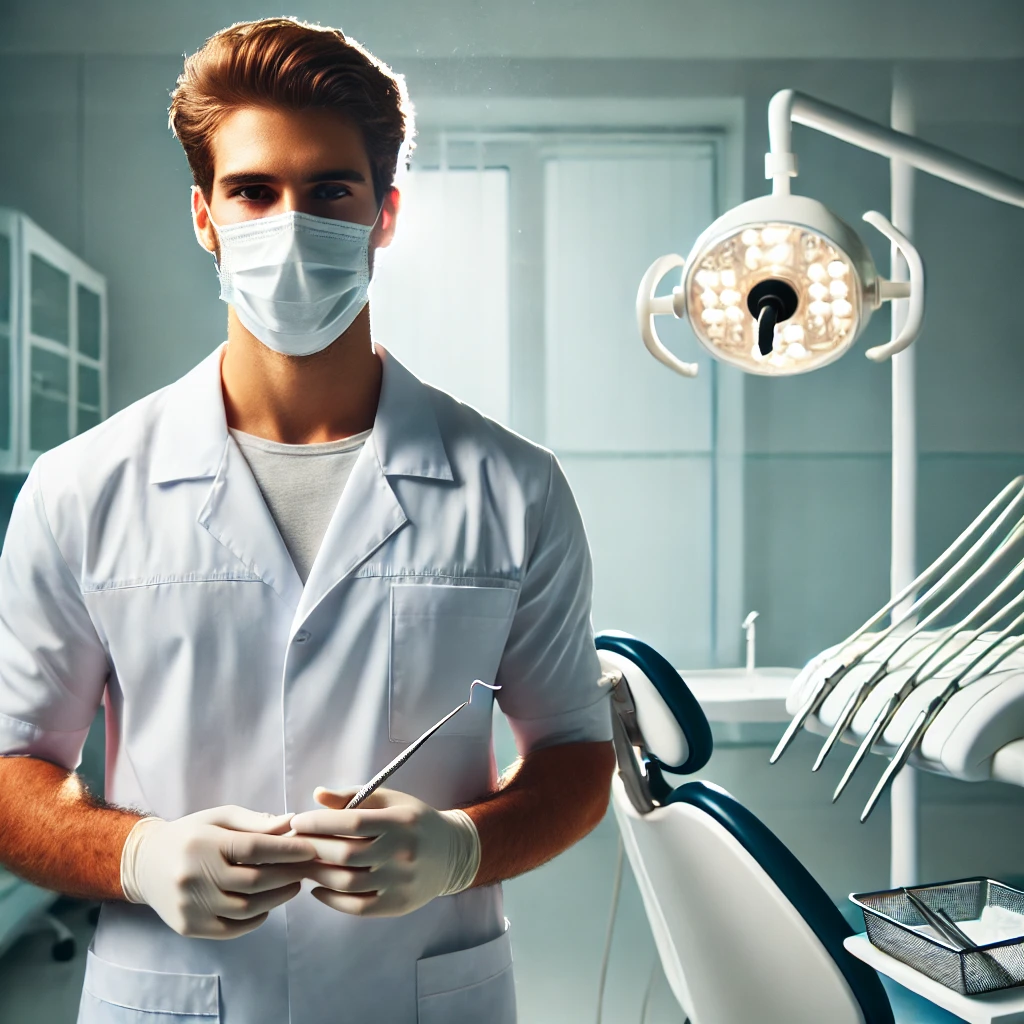 DALL·E 2024 10 31 14.17.37 A professional surgeon dentist in a modern dental clinic wearing a white lab coat face mask and gloves with a calm and focused expression. He is h