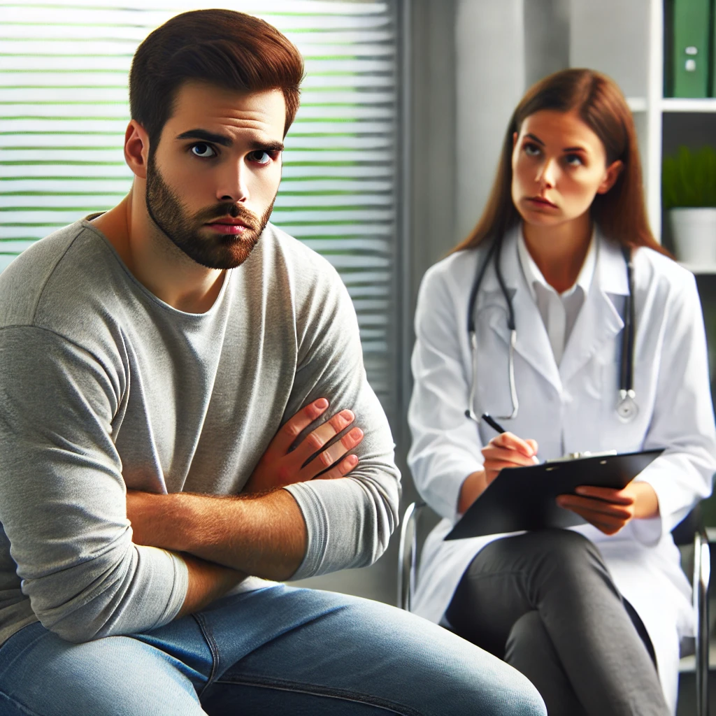 DALL·E 2024 10 31 14.22.18 A patient looking visibly dissatisfied in a medical consultation room sitting across from a doctor. The patient has a frustrated expression arms cro