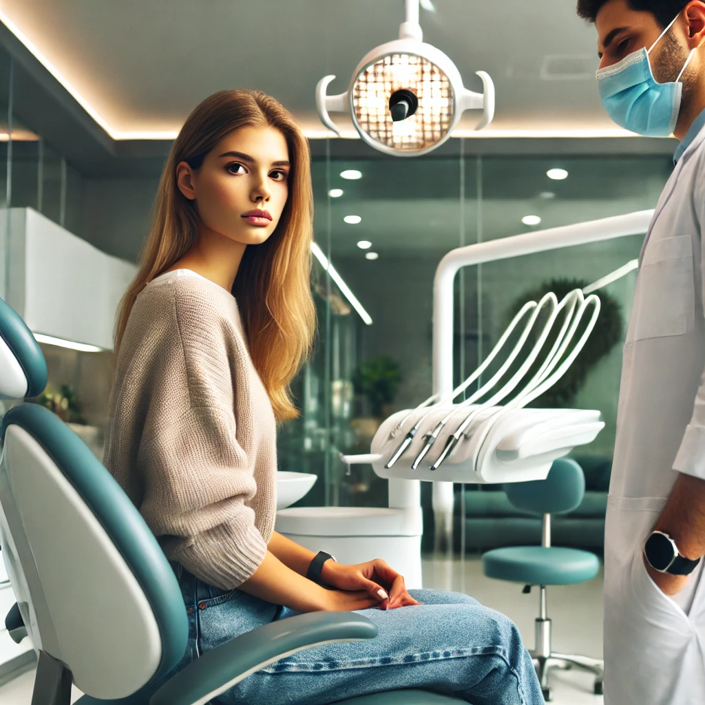 DALL·E 2024 10 31 14.24.10 A female patient entering a modern dental clinic looking thoughtful and slightly anxious as she returns for a follow up appointment. She wears casua