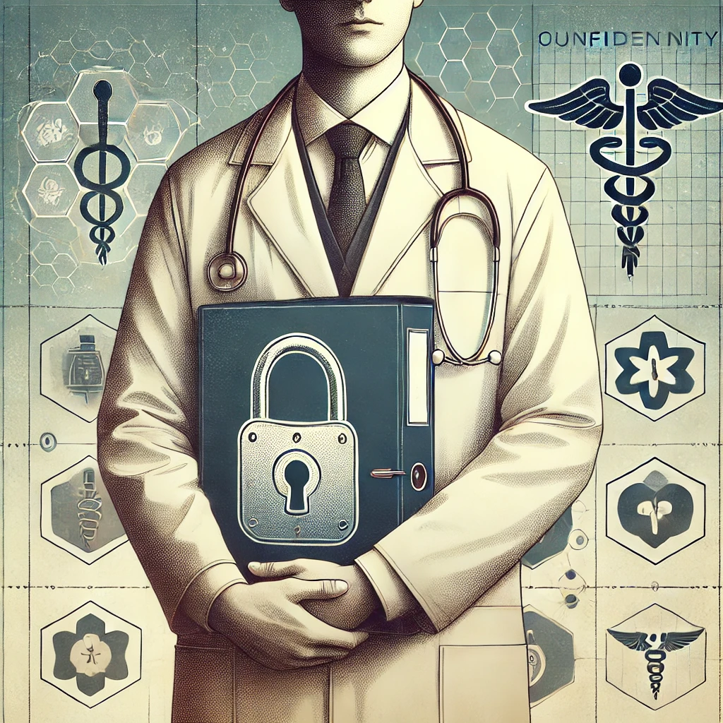 DALL·E 2024 10 31 14.25.46 A symbolic illustration depicting medical confidentiality. A doctor in a white coat holds a file with a locked padlock on it standing against a backg