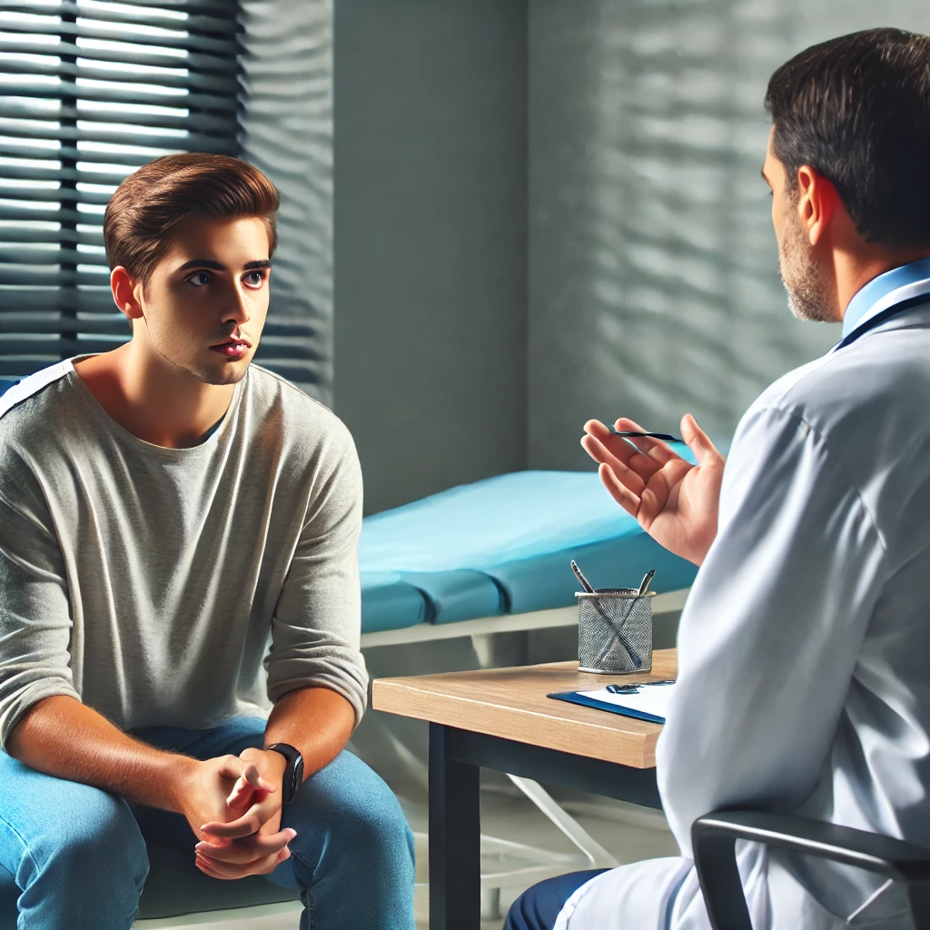 DALL·E 2024 10 31 14.27.18 A scene depicting a patient sitting across from a doctor in a consultation room with the doctor gently explaining and gesturing to indicate the refus