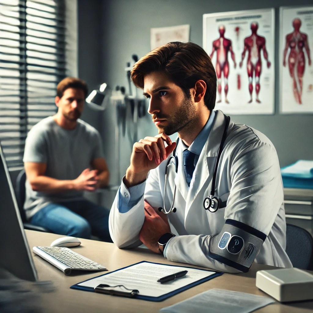 DALL·E 2024 11 07 14.47.23 A scene in a medical consultation room where a doctor is carefully evaluating the need for a medical procedure for a patient. The doctor wearing a wh