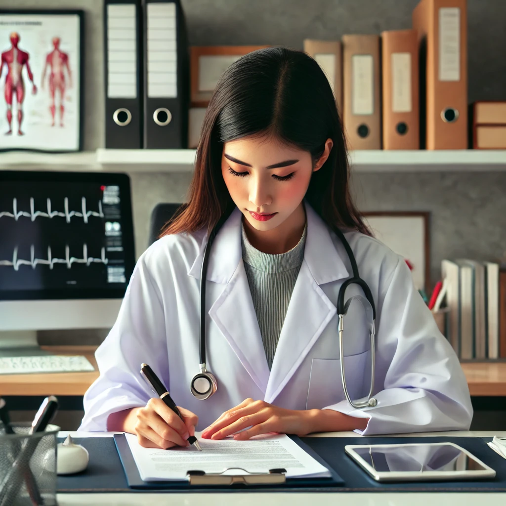 DALL·E 2024 11 12 16.28.30 A scene showing a female doctor wearing a white coat and stethoscope sitting at a desk in a professional well organized office. The doctor is focuse