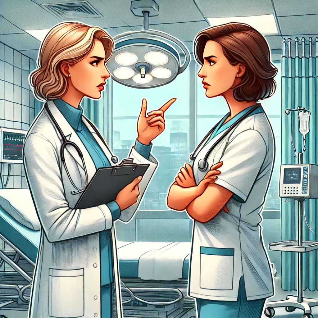 DALL·E 2024 11 19 18.18.08 An illustration of two female healthcare professionals one dressed as a doctor and the other also in medical attire engaged in a tense conversation