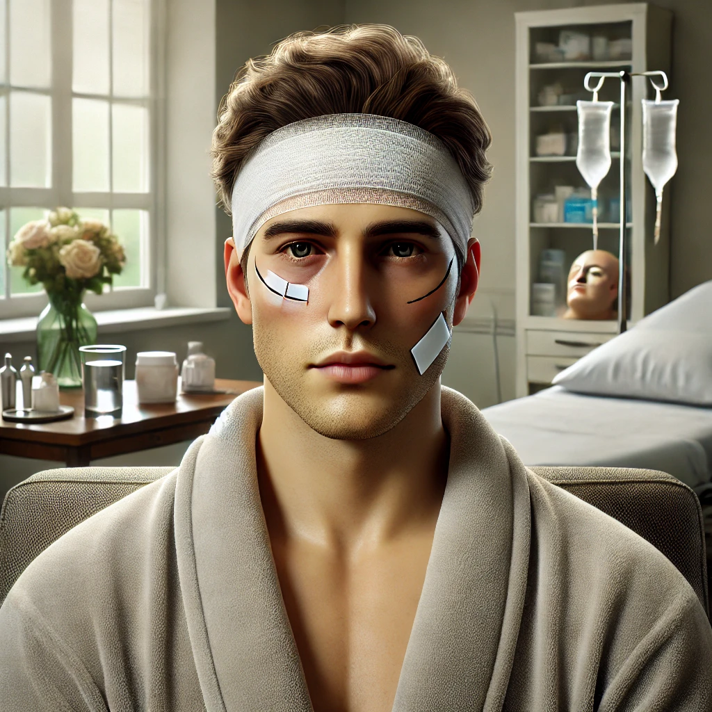 DALL·E 2024 11 27 16.22.50 A detailed and realistic depiction of a patient recovering from plastic surgery. The patient is shown seated in a comfortable and well lit modern reco