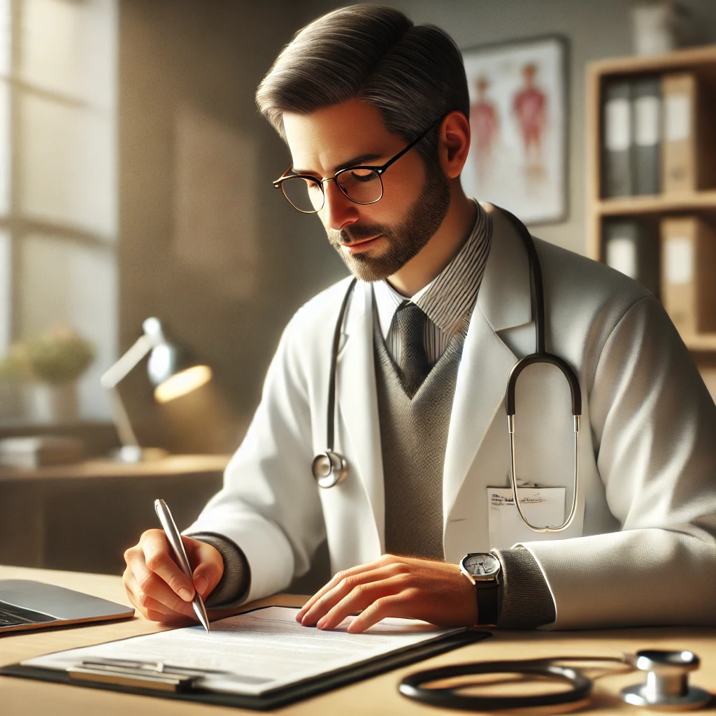 DALL·E 2024 12 03 16.55.49 A realistic digital painting of a doctor signing a medical chart. The doctor is a middle aged man wearing a white coat with short black hair and glas