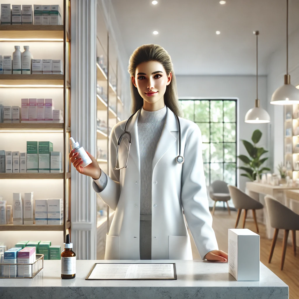 DALL·E 2024 12 12 16.35.57 A digital painting of a female doctor inside a modern clinic standing beside a counter filled with neatly arranged medical and wellness products. The