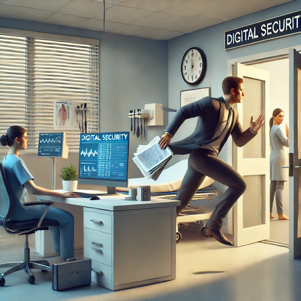 DALL·E 2024 12 18 17.43.41 A digital illustration of a modern clinic setting showing a dramatic scene where a patient is running out of the office holding documents (representi