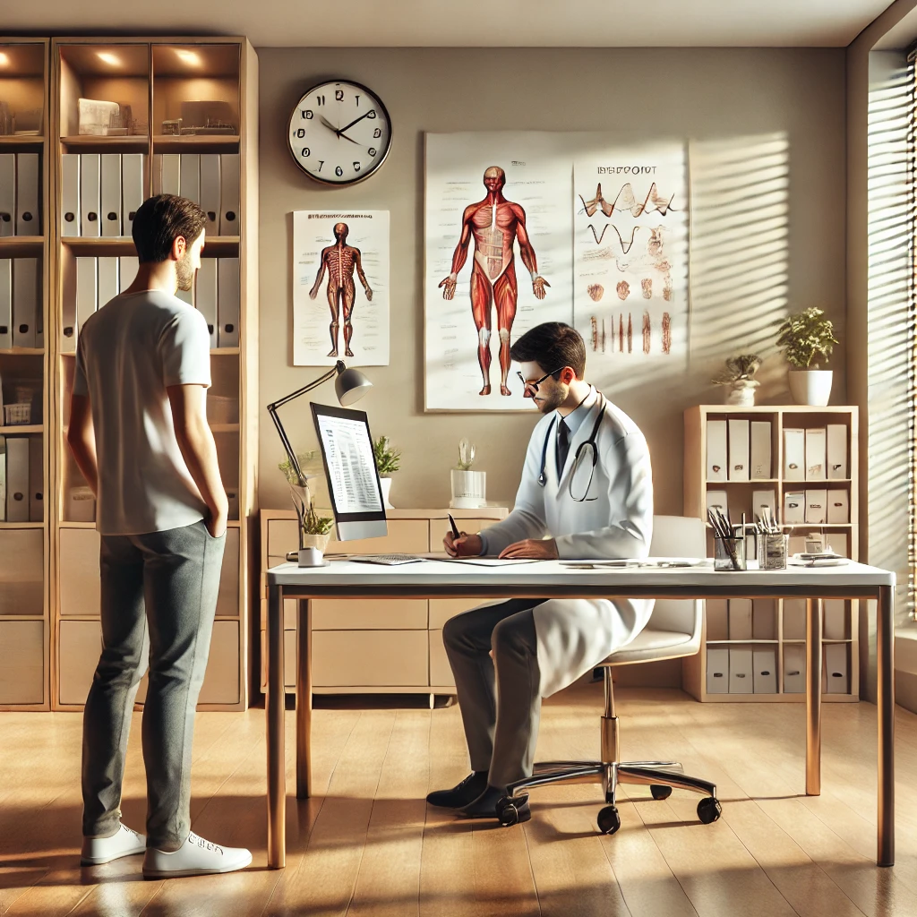 DALL·E 2024 12 23 17.55.47 A detailed scene of a modern medical office. A doctor is seated at a clean and organized desk actively writing a medical report. The patient is stand