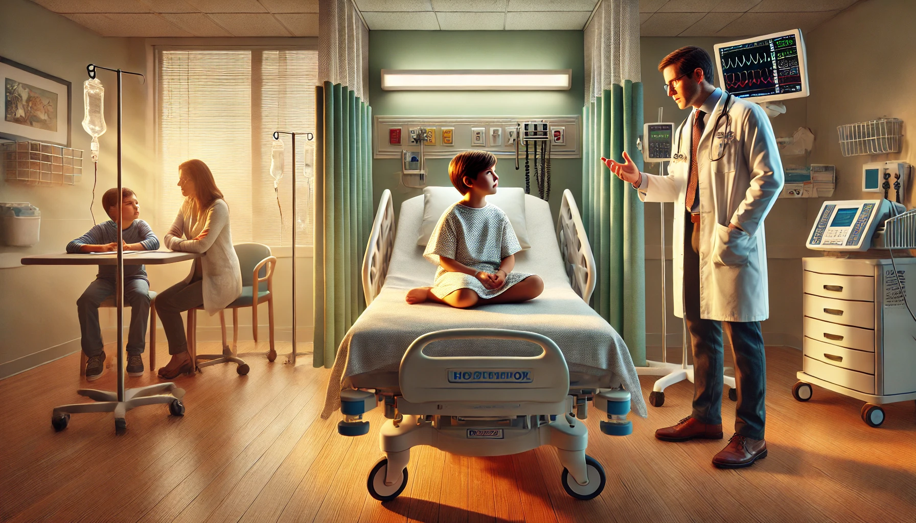 DALL·E 2024 12 30 14.29.21 A highly detailed and realistic illustration of a hospital room focusing on a young child sitting upright on a hospital bed wearing a light hospital